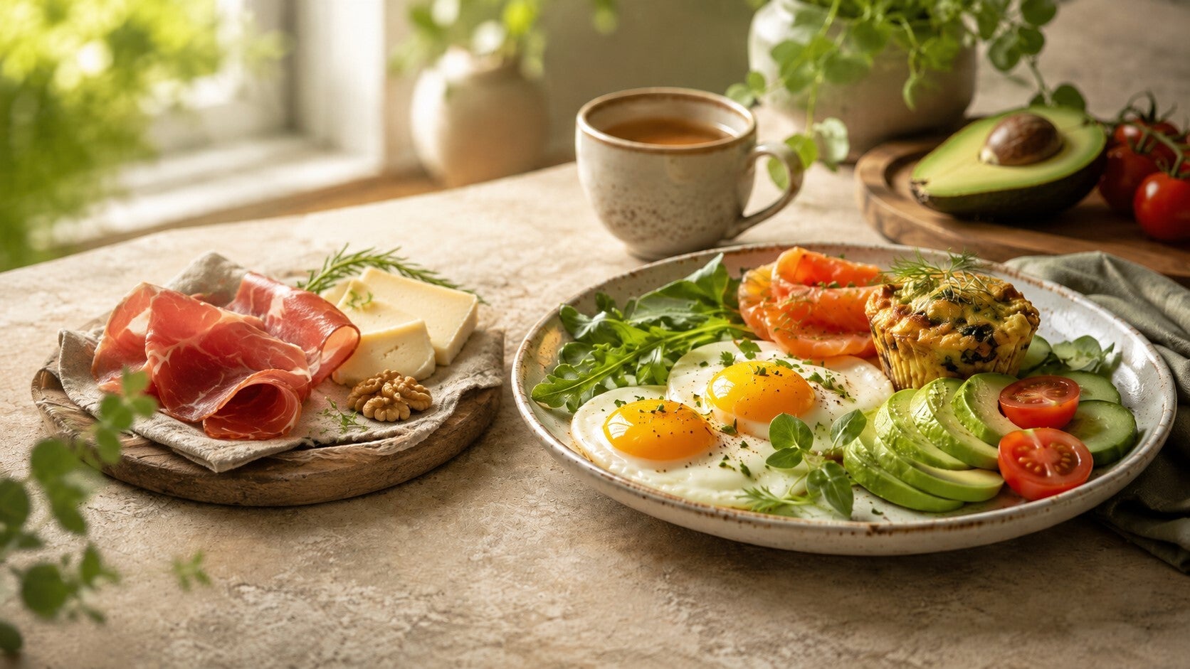 Immagine della categoria Colazioni salate chetogeniche: una colazione keto ricca e gustosa con uova, avocado, salmone, muffin salato, affettati, formaggio e noci, presentata in un’atmosfera calda e accogliente.