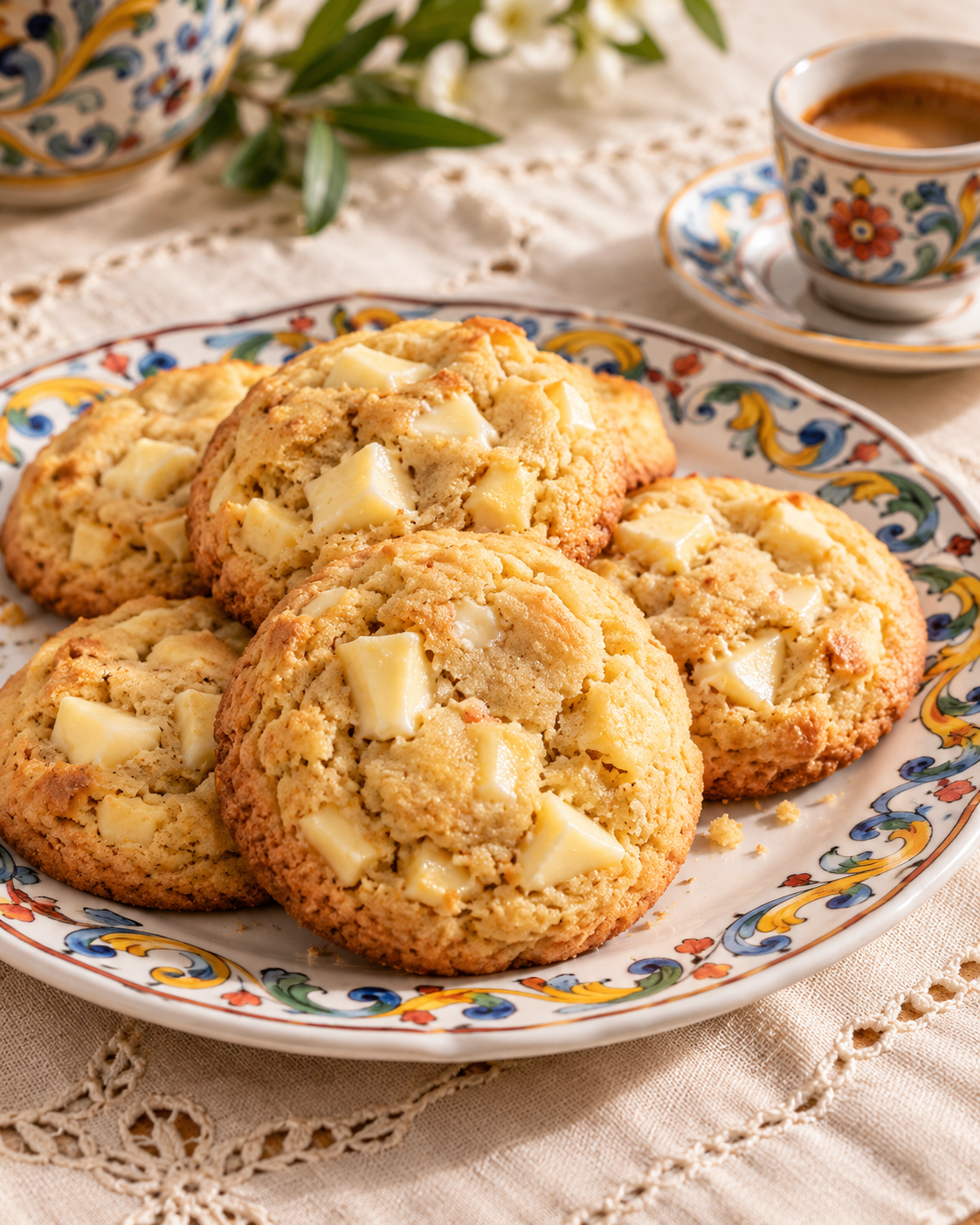 Golosi cookies chetogenici preparati con farina di mandorle, farina di lupino e pezzetti di cioccolato bianco keto fatto in casa con burro di cacao. Biscotti dorati, con bordi leggermente croccanti e cuore morbido, presentati su un elegante piatto bianco 