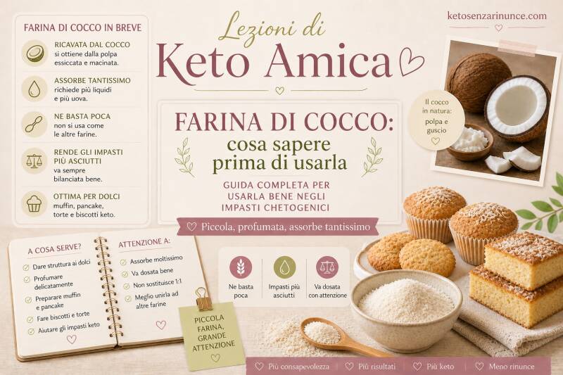 Copertina informativa dedicata alla farina di cocco nella cucina chetogenica, con spiegazione visiva delle sue caratteristiche principali e del suo forte potere assorbente. La grafica aiuta a distinguere la farina di cocco dal cocco rapè e introduce il su