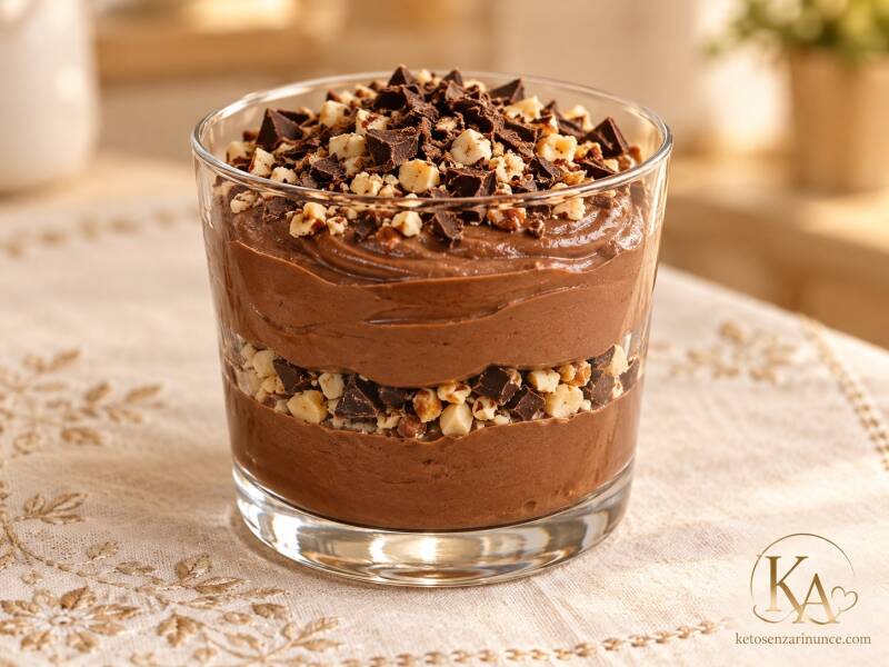 Coppa chetogenica alla crema al cacao, arricchita con granella croccante di frutta secca e scaglie di cioccolato fondente. Un dessert keto al cucchiaio cremoso e goloso, con un piacevole contrasto tra la mousse vellutata e la parte croccante, perfetto com