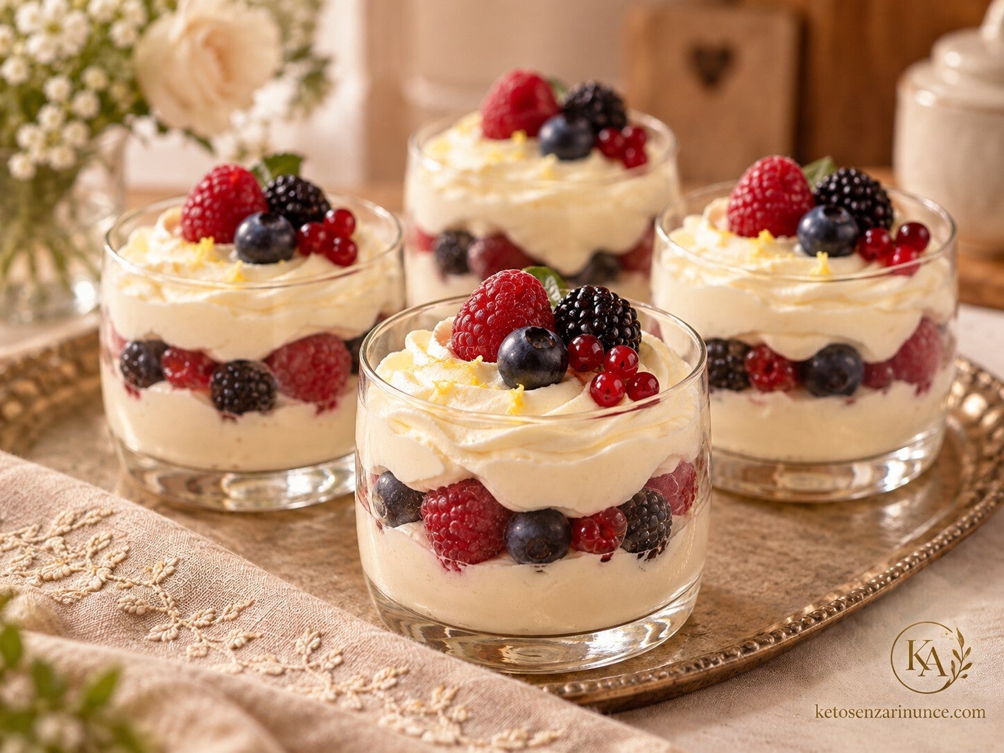 Coppa chetogenica al mascarpone e frutti di bosco, cremosa, fresca e vellutata. Un dessert keto elegante e semplice da preparare, con crema al mascarpone e panna montata alternata a frutti di bosco, perfetto come fine pasto, merenda o colazione golosa sen