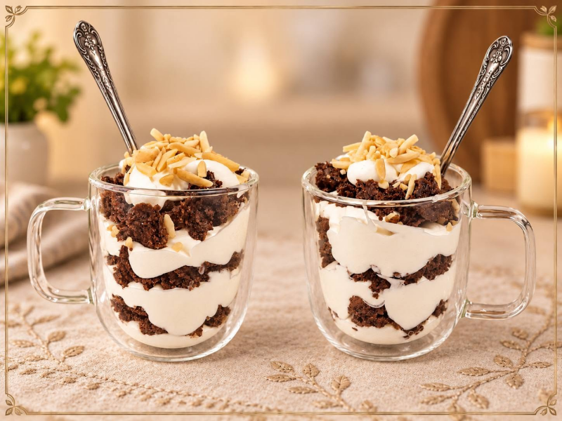 Coppa golosa keto al brownie proposta in due versioni cremose: una più ricca con panna e yogurt greco, l’altra più leggera con yogurt greco e formaggio spalmabile. Strati di crema soffice, brownie sbriciolato e mandorle croccanti per un dessert chetogenic