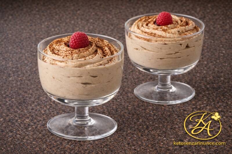 coppe di crema al caffè con lampone, soffici e cremose chetogeniche