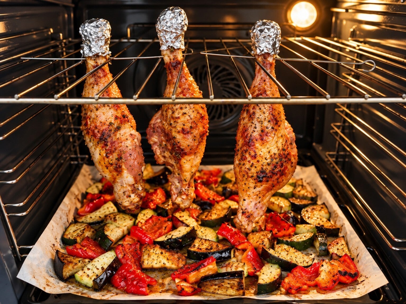 Cosce di pollo sospese alla griglia del forno con melanzane, zucchine e peperoni arrosto. Una ricetta chetogenica originale e saporita, con pollo dorato e succoso e verdure cotte nei suoi succhi.
