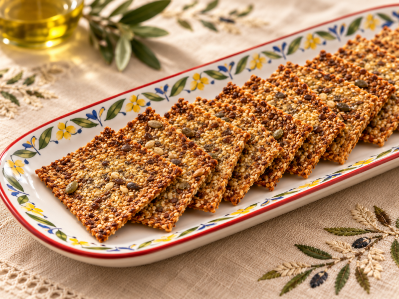 Cracker chetogenici croccanti preparati con farina di lino dorato, semi di girasole, zucca, sesamo e chia, profumati al rosmarino. Presentati elegantemente su un vassoio bianco con bordo mediterraneo decorato, sopra una tovaglia beige ricamata. Una ricett