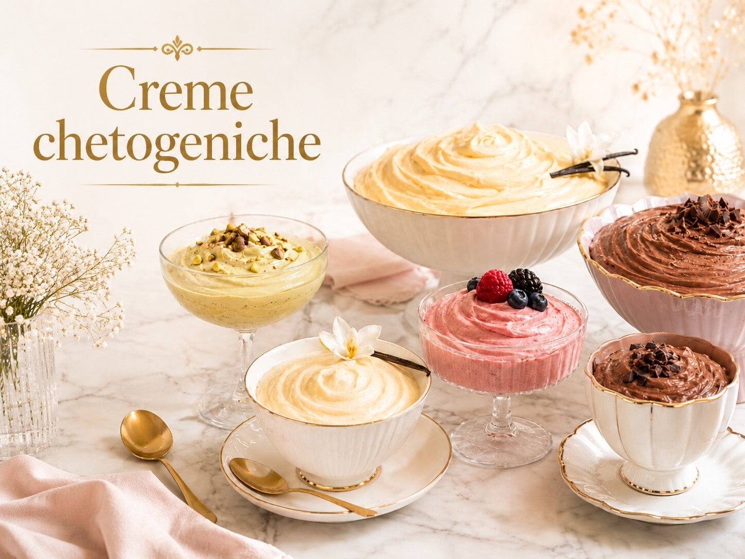 Una raccolta di creme dolci chetogeniche, vellutate e golose, perfette da gustare al cucchiaio oppure da utilizzare per farcire torte, dessert e piccola pasticceria. Tante consistenze e sapori diversi, dal cioccolato alla vaniglia, fino alle creme alla fr