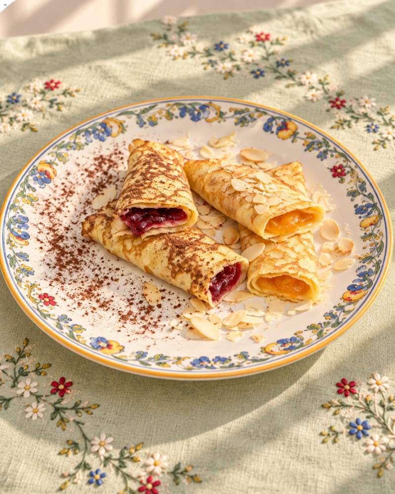 Crêpes chetogeniche dolci, morbide e delicate, servite con due farciture golose: marmellata ai frutti di bosco e marmellata di pesche. Una colazione elegante, semplice e speciale, perfetta per portare in tavola gusto e varietà anche in famiglia. Completan