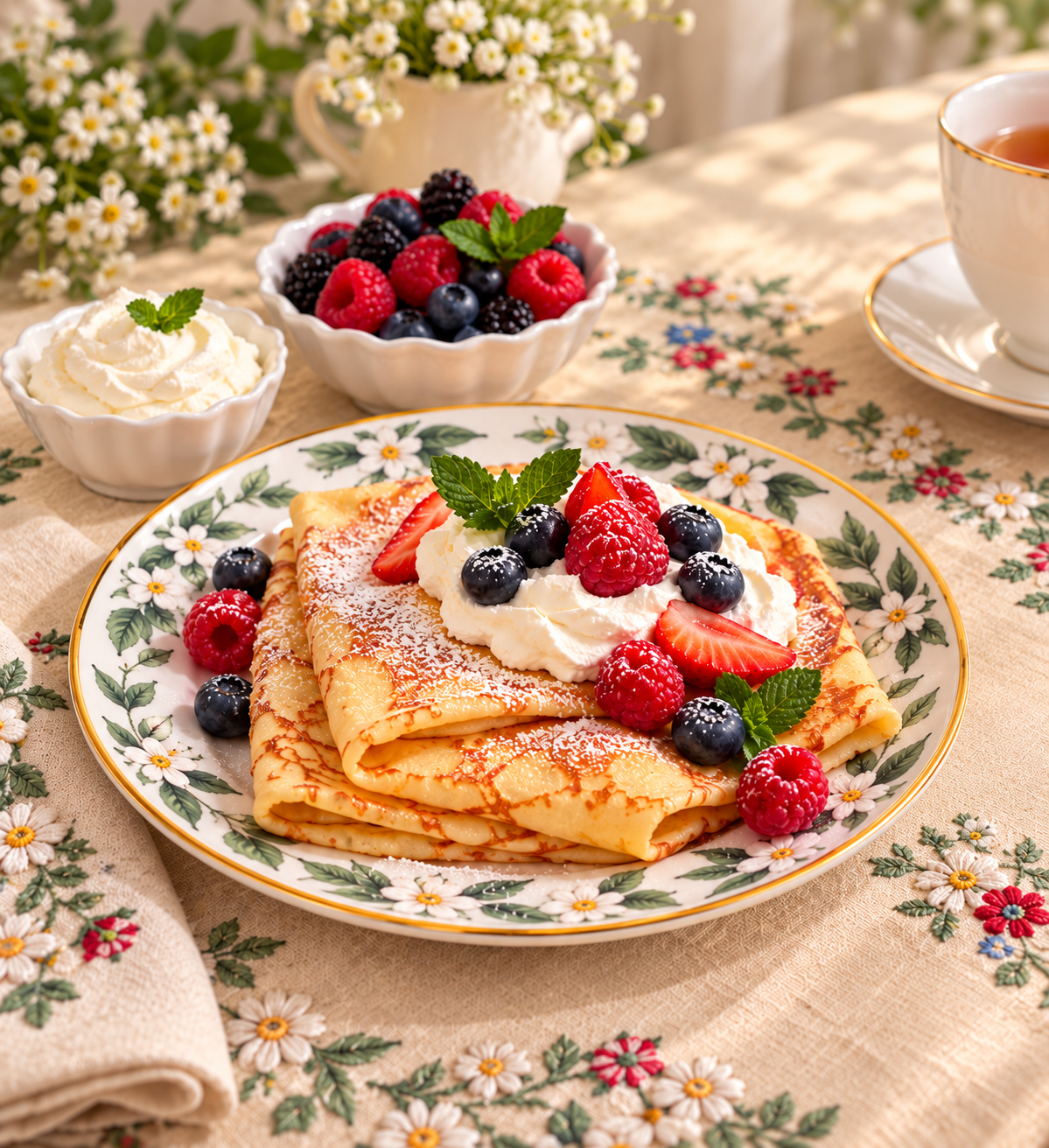 Crêpes keto sottili al gusto di brioche servite con panna montata, frutti di bosco e menta. Una colazione chetogenica golosa, elegante e senza zucchero.