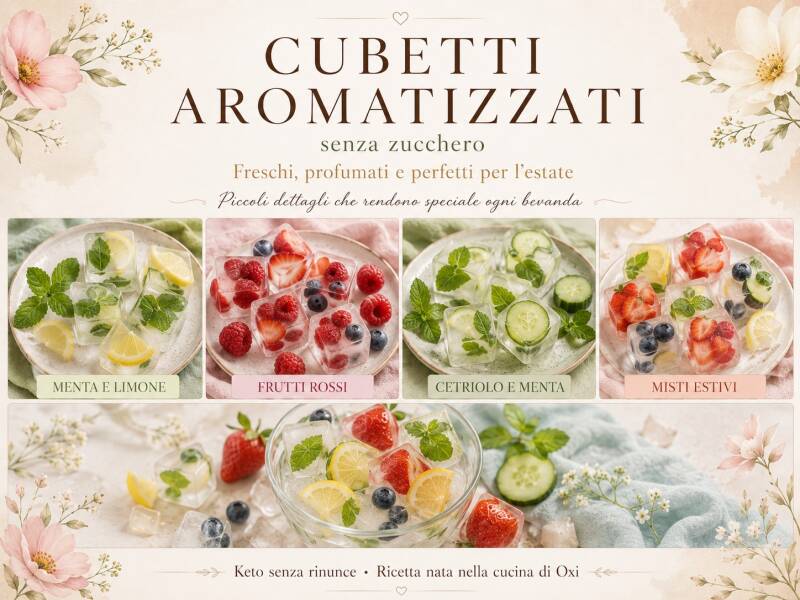 Copertina dedicata ai cubetti aromatizzati senza zucchero, preparati con menta e limone, frutti rossi, cetriolo e menta e combinazioni miste estive. Un’idea fresca, colorata ed elegante per profumare acqua, tè freddo e bevande keto.