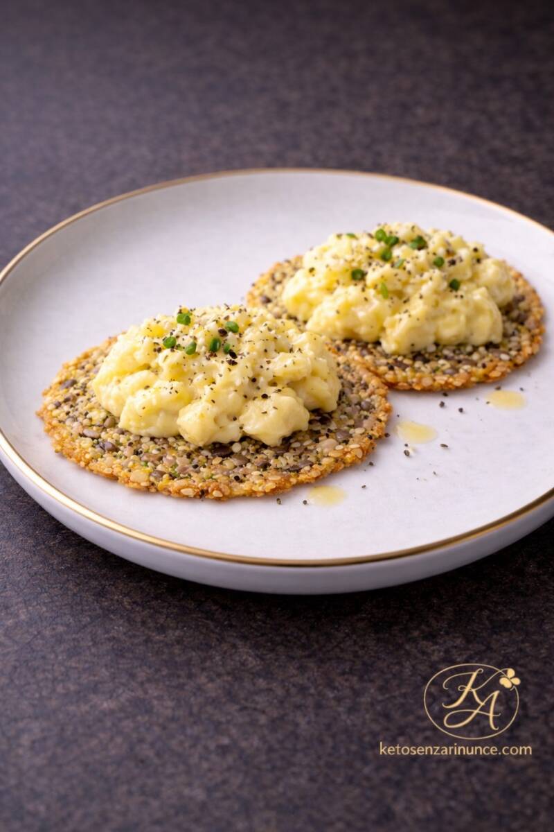 Disco croccante di grana e semi misti con uova strapazzate cremose colazione chetogenica