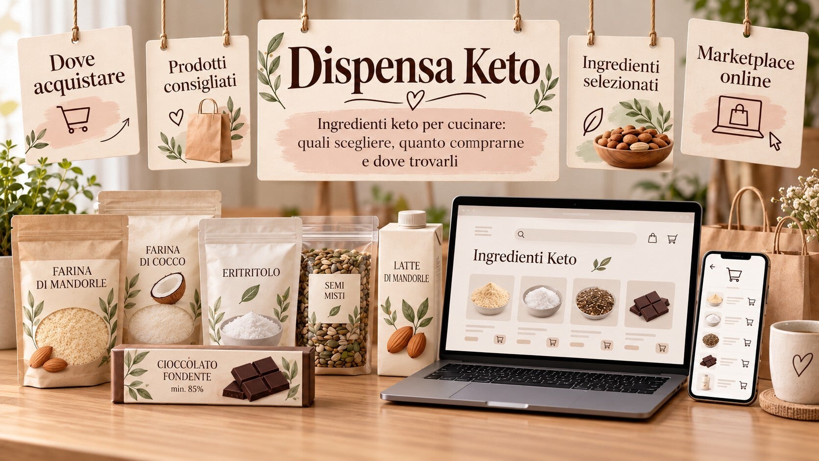 Dispensa keto con ingredienti selezionati per cucinare ricette chetogeniche, confezioni di farine, eritritolo, semi, latte di mandorla e cioccolato, con indicazioni su quali scegliere, quanto acquistarne e dove trovarli online.