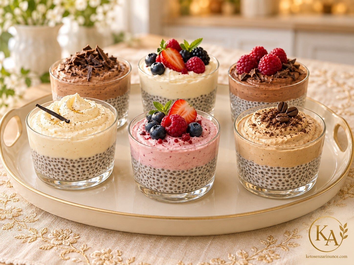 Dolce al cucchiaio chetogenico con base di pudding di chia e mousse di ricotta, proposto in diverse varianti golose: vaniglia, cacao, caffè, frutti di bosco e lamponi. Un dessert keto fresco, cremoso e facile da preparare, perfetto anche per una colazione