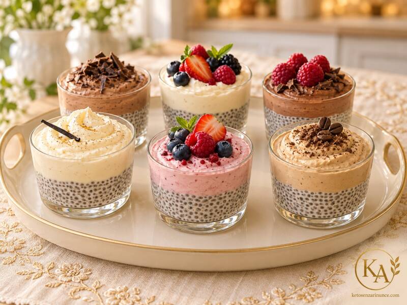 Dolce al cucchiaio chetogenico con base di pudding di chia e mousse di ricotta, proposto in diverse varianti golose: vaniglia, cacao, caffè, frutti di bosco e lamponi. Un dessert keto fresco, cremoso e facile da preparare, perfetto anche per una colazione