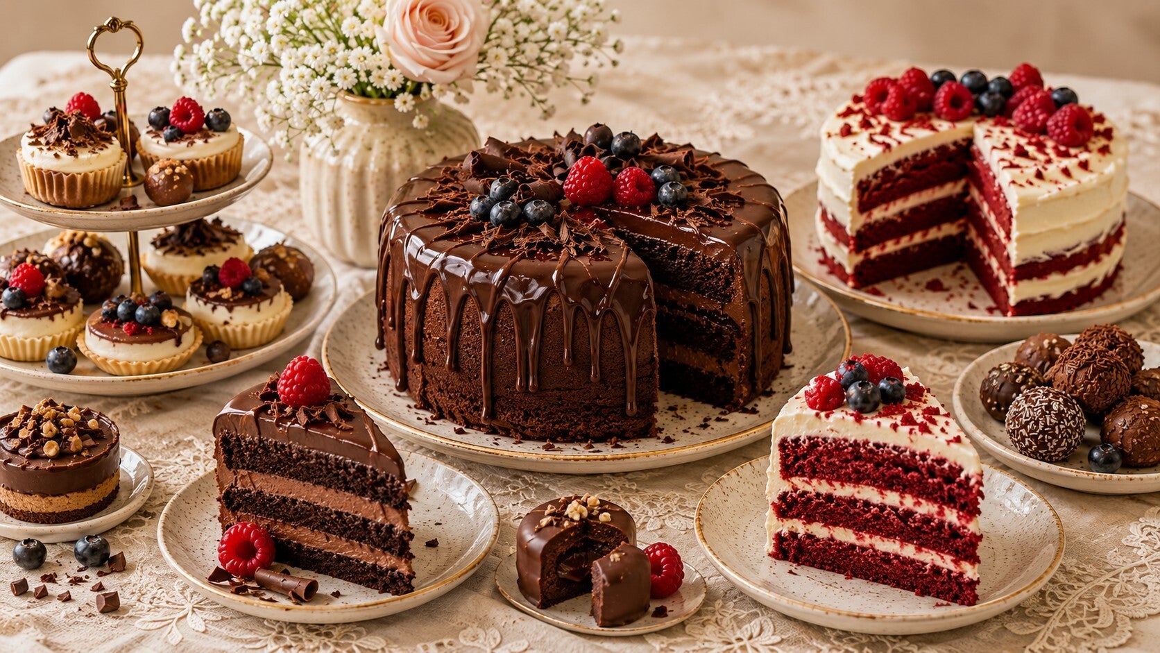 Immagine della categoria Dolci chetogenici con torta al cioccolato, Red Velvet, fette di torte farcite, piccoli pasticcini e tartufi, presentati su una raffinata tovaglia ricamata beige.