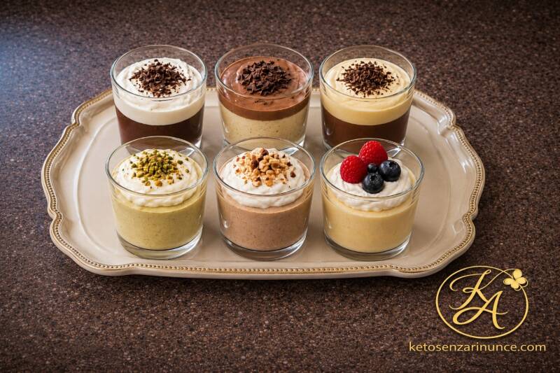 Sei budini keto freschi serviti in piccoli bicchierini eleganti su vassoio chiaro raffinato, con varianti al cacao, vaniglia, pistacchio, nocciola e frutti di bosco, su sfondo marrone speckled con logo KA dorato e riferimento a ketosenzarinunce.com. Immag