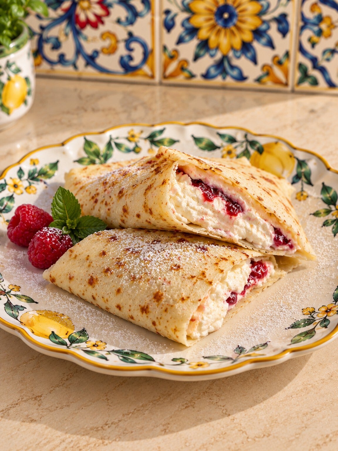 Fagottino ketogenico dolce preparato con una piadina extra sottile e flessibile, farcito con ricotta dolce e un velo di vellutata chetogenica di lamponi senza zucchero. Una colazione keto golosa, morbida e delicata, cotta in padella e facile da preparare.