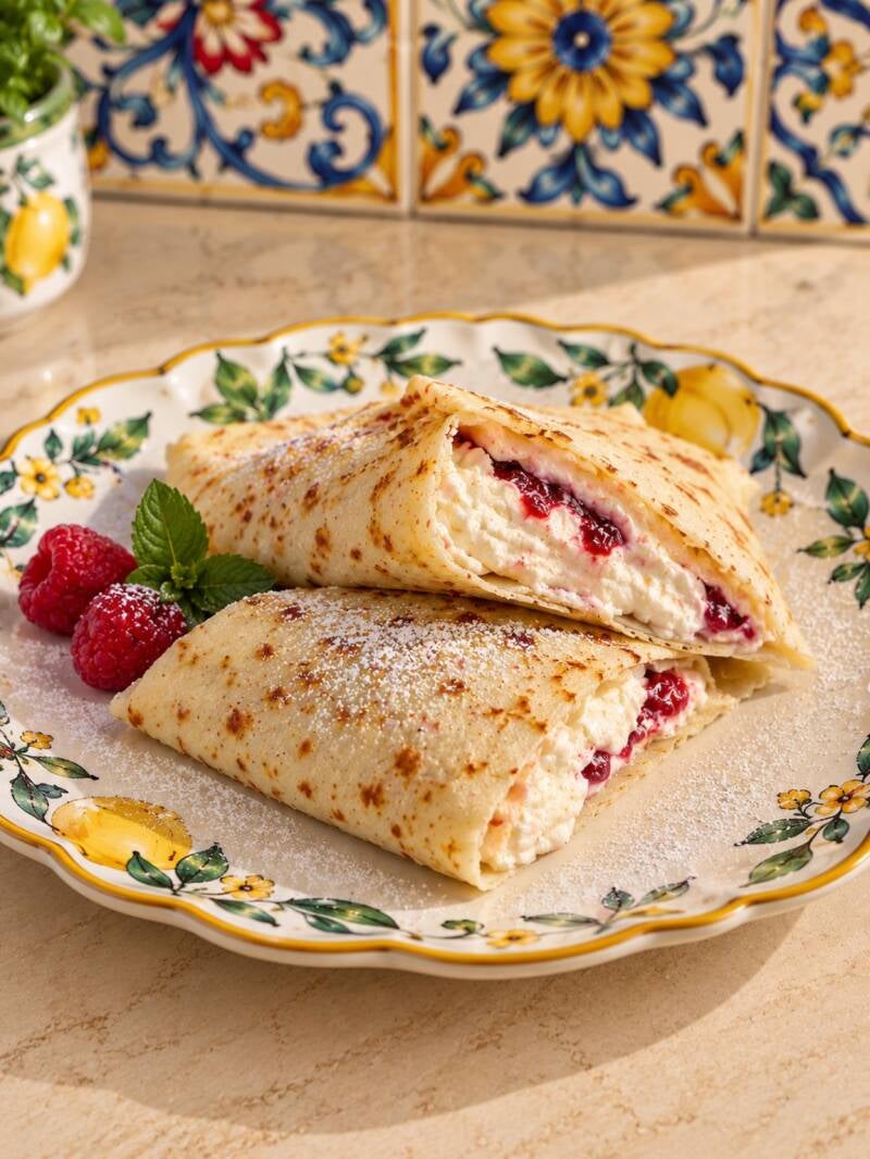 Fagottino ketogenico dolce preparato con una piadina extra sottile e flessibile, farcito con ricotta dolce e un velo di vellutata chetogenica di lamponi senza zucchero. Una colazione keto golosa, morbida e delicata, cotta in padella e facile da preparare.