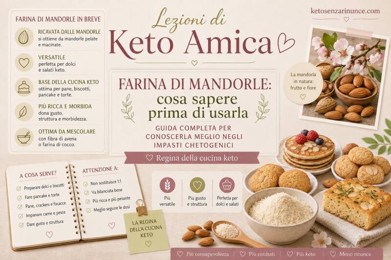 Copertina informativa dedicata alla farina di mandorle nella cucina chetogenica, presentata come ingrediente base per molte ricette keto dolci e salate. La grafica introduce le sue caratteristiche principali, le differenze tra farina fine, grossolana, pel