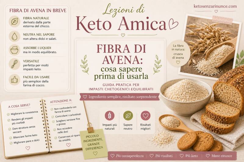 Copertina informativa dedicata alla fibra di avena nella cucina chetogenica, con indicazioni semplici sul suo utilizzo negli impasti keto dolci e salati. La grafica aiuta a distinguere la fibra di avena dalla farina di avena e presenta il suo ruolo nel re