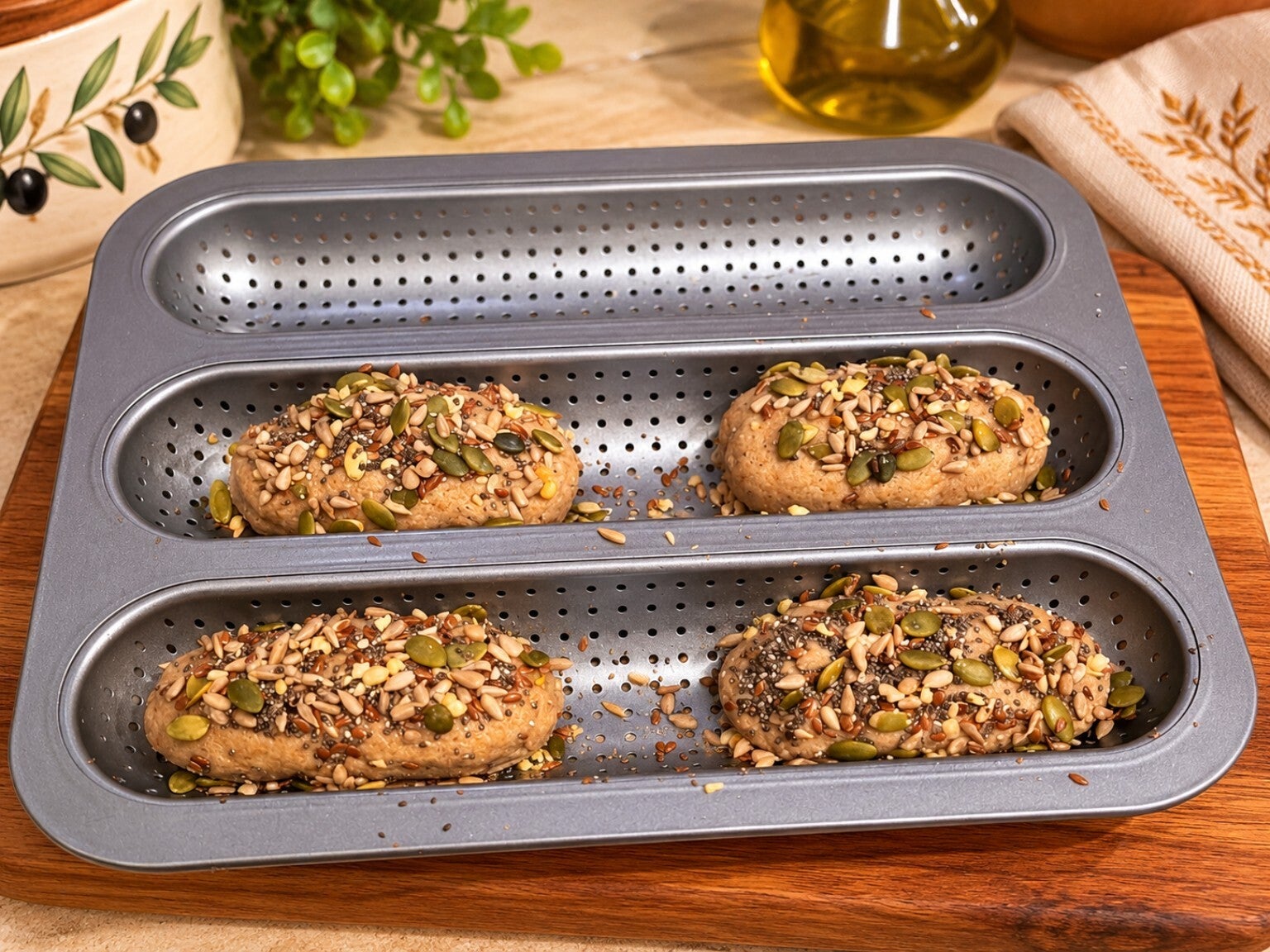 Quattro filoncini keto ricoperti di semi, sistemati nello stampo metallico forato per baguette. Una preparazione senza uova e latticini, con cottura prolungata per ottenere una mollica compatta e asciutta.