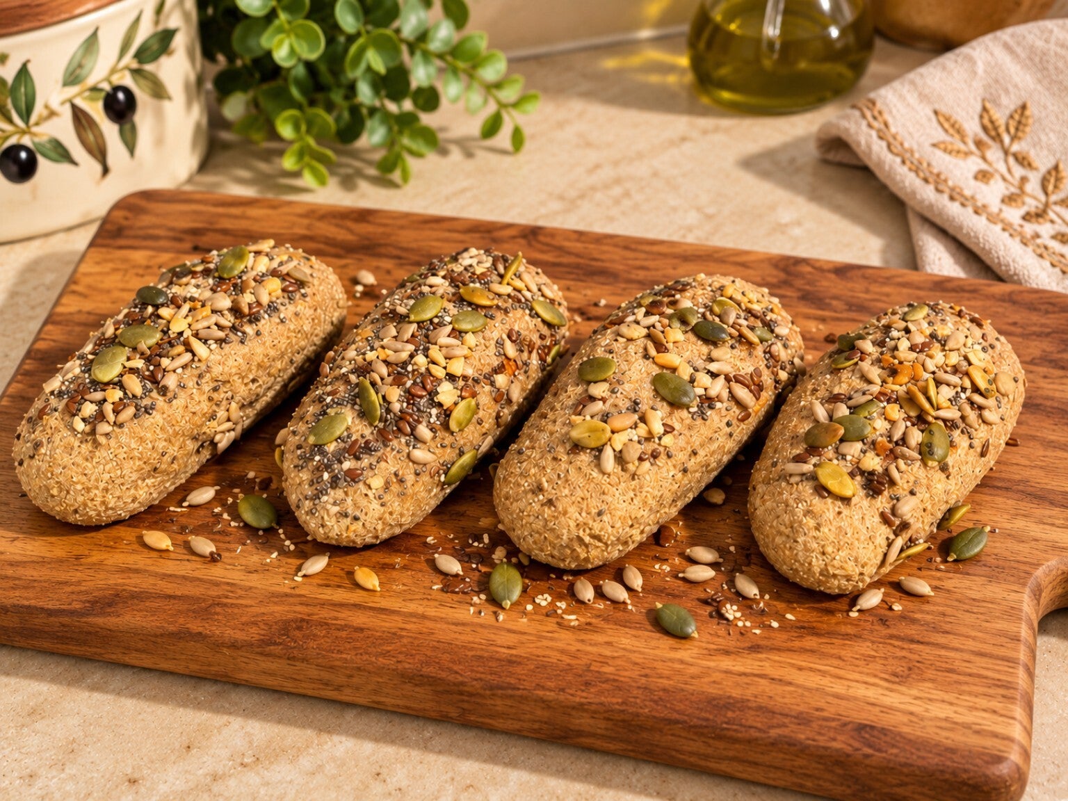 Quattro filoncini chetogenici fatti in casa, con farina di girasole, mandorle e lino dorato, ricoperti di semi e presentati su un tagliere di legno. Pane keto dal gusto rustico e intenso.