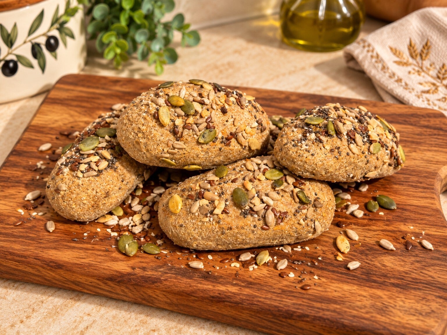 Quattro filoncini rustici chetogenici senza uova e latticini, decorati con semi di girasole, zucca e sesamo. Una ricetta di pane keto dalla crosticina asciutta e dal sapore deciso.