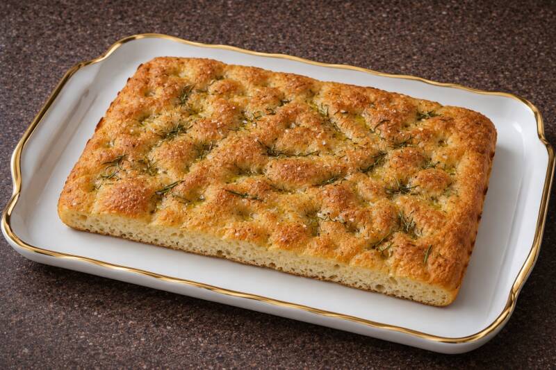Focaccia chetogenica alta e morbida al rosmarino, dorata in superficie e servita su un vassoio bianco con bordo oro. Una ricetta salata keto senza glutine, preparata con farina di mandorle e pensata come alternativa al pane tradizionale.