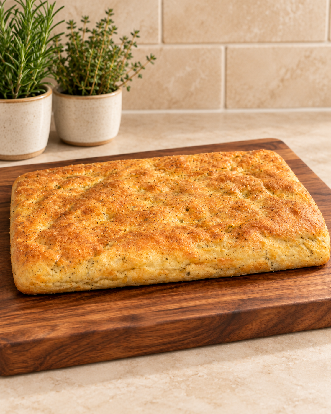 Focaccia chetogenica mediterranea al mascarpone con origano e rosmarino, servita intera su elegante tagliere in noce. Ricetta keto morbida, profumata e antispreco, senza farina di mandorle.