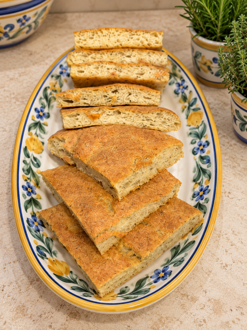 Focaccia keto mediterranea al mascarpone, origano e rosmarino, tagliata a porzioni e servita su piatto ovale decorato. Interno morbido e ben cotto, ideale come pane chetogenico semplice e saporito.