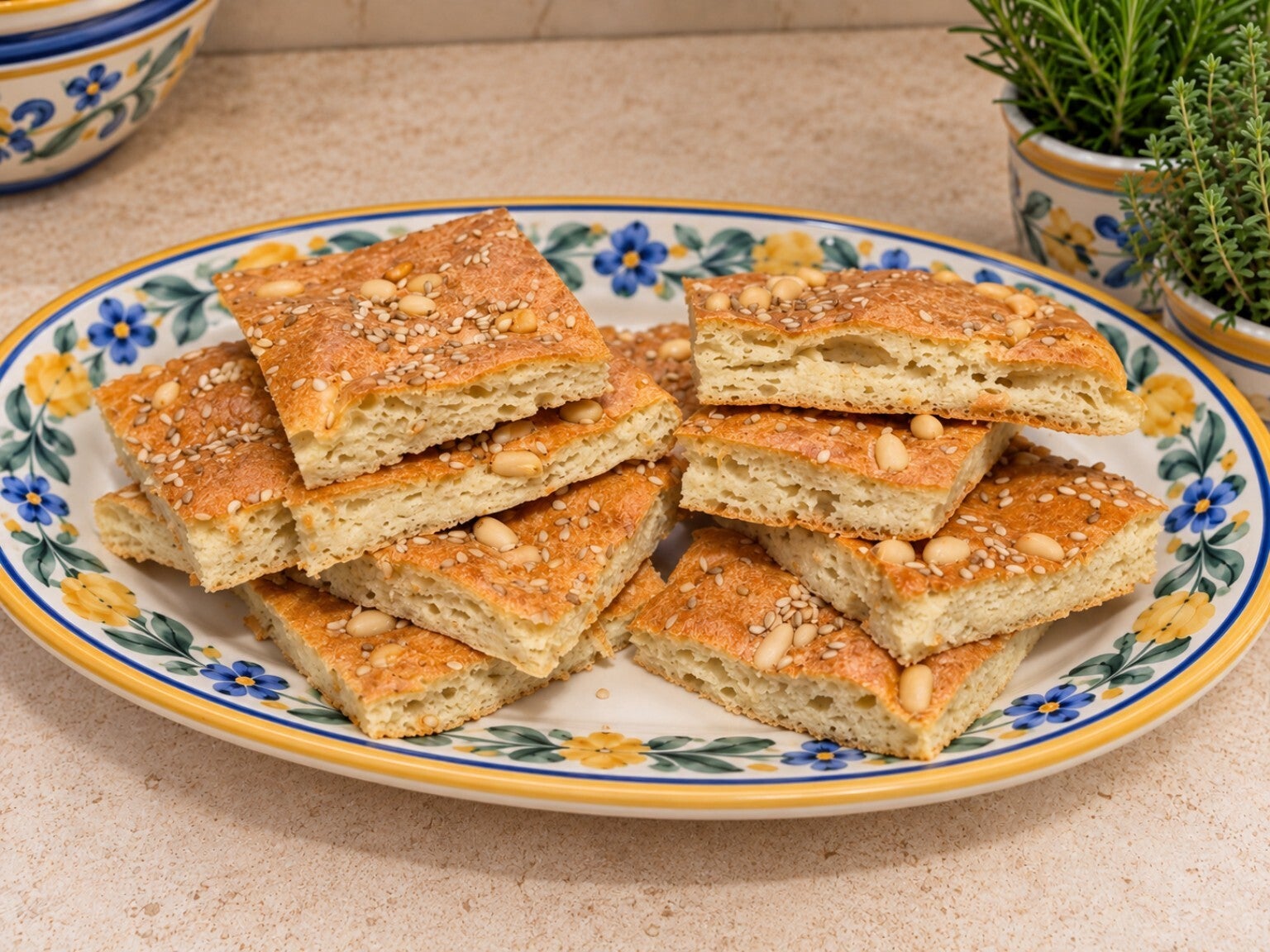 Focaccia salata keto al mascarpone con pinoli e sesamo, tagliata in porzioni per mostrare la mollica morbida e leggermente alveolata. Ricetta chetogenica antispreco con albumi, perfetta per colazione o merenda salata. Keto senza rinunce – Keto Amica Oxi.