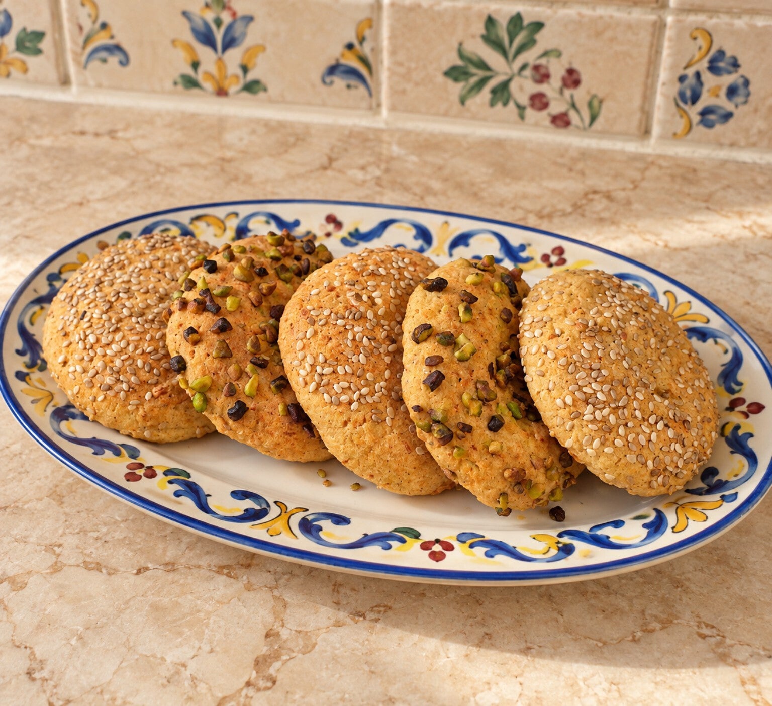 Focaccine chetogeniche dorate alla ricotta e mortadella, decorate con semi di sesamo e granella di pistacchi, servite su un piatto mediterraneo decorato.