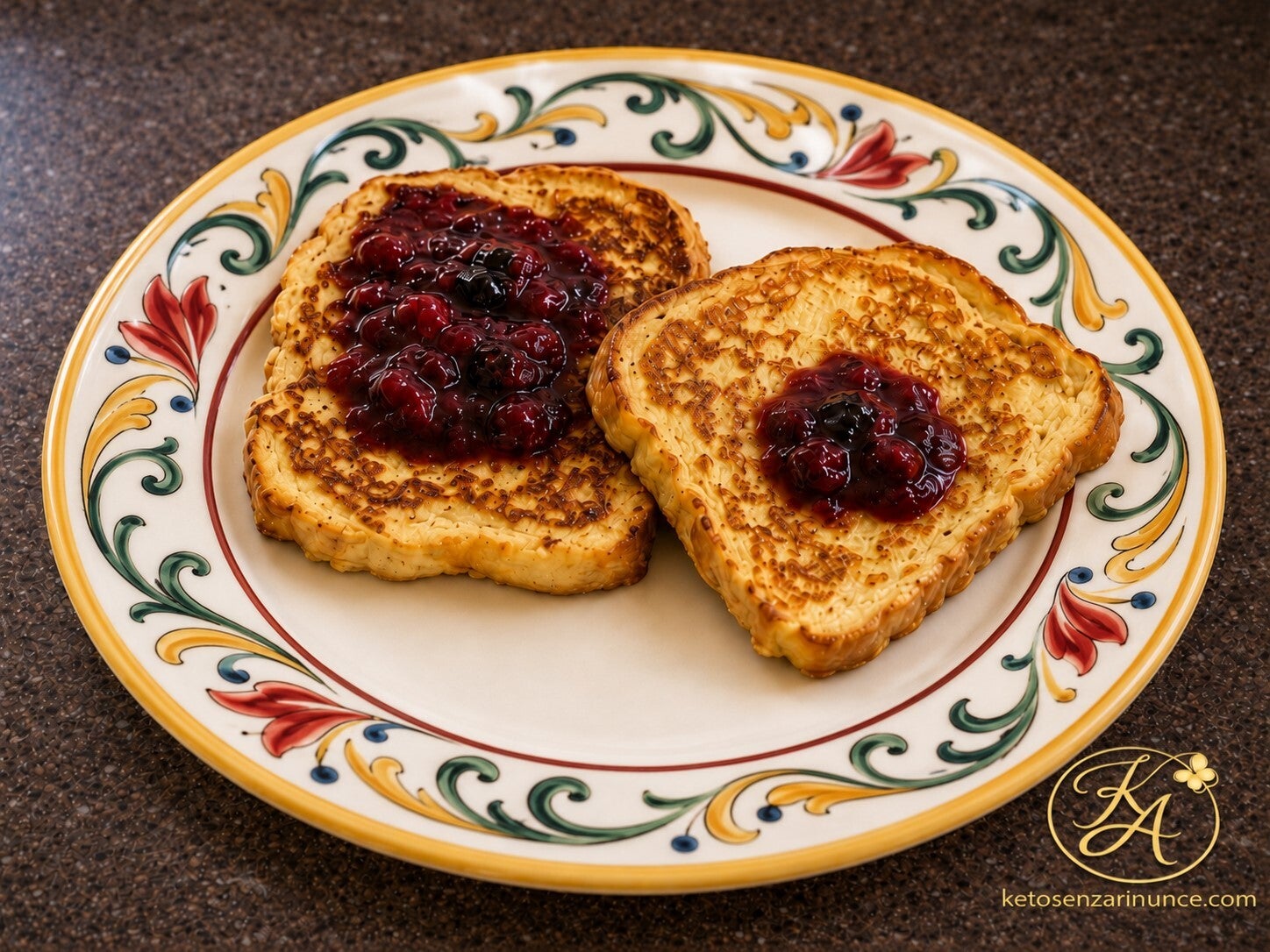 French toast chetogenici con pan brioche morbido, dorati in padella e serviti con marmellata keto ai frutti di bosco. Una colazione dolce keto semplice, golosa e senza zucchero, perfetta per iniziare la giornata con gusto.