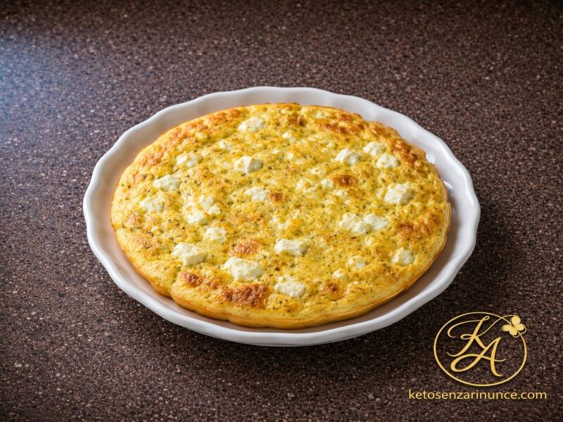 Frittata chetogenica al forno con feta, morbida, leggermente dorata e ricca di piccoli pezzi di formaggio, servita su piatto bianco elegante.