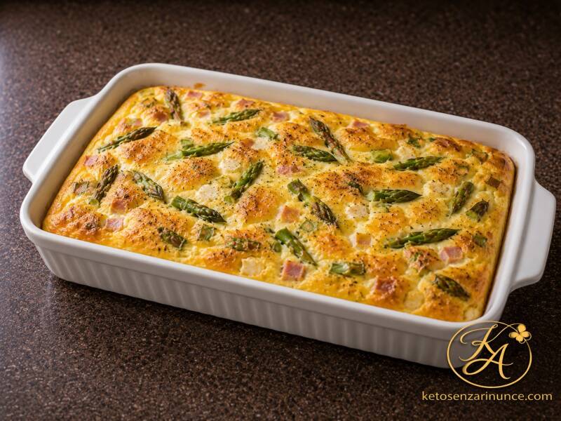 Frittata alta chetogenica al forno con feta, asparagi e prosciutto cotto, preparata nella teglia da 15 × 23 cm per due porzioni. Soffice, dorata e saporita, perfetta per una colazione salata, un pranzo leggero o una cena veloce.