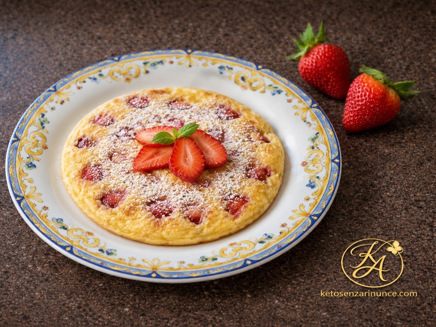 Frittata dolce di fragole chetogenica, una piccola omelette dolce in padella servita su piatto mediterraneo, morbida e dorata, con fragole fresche e una leggera spolverata di dolcificante in polvere. Ricetta keto monoporzione semplice, golosa e senza zucc