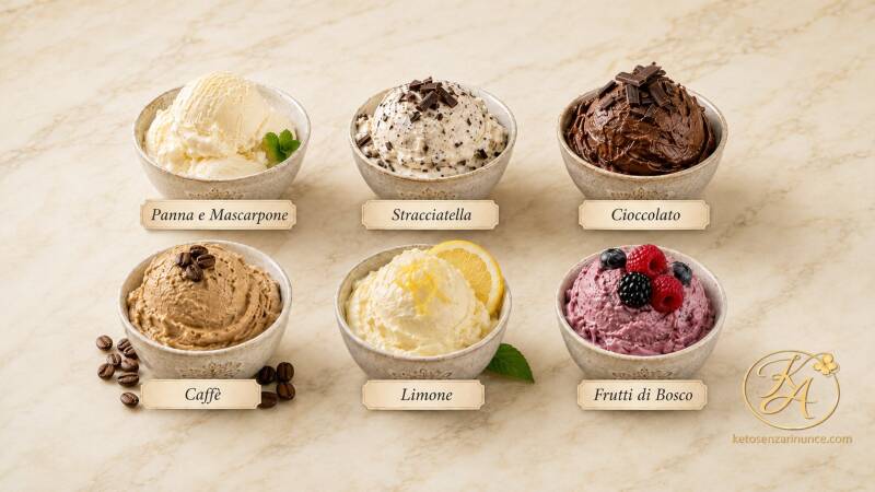 Immagine introduttiva dedicata alle 6 proposte golose di gelato keto fatto in casa senza gelatiera di Keto senza rinunce: panna e mascarpone, stracciatella, cioccolato, caffè, limone e frutti di bosco. Una raccolta di idee cremose e fresche pensate per l’
