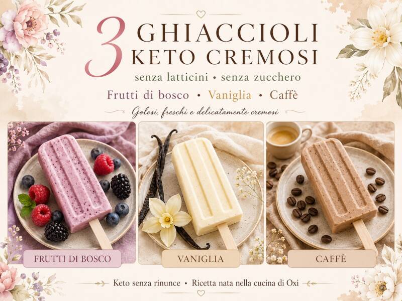 Tre ghiaccioli keto cremosi senza latticini ai frutti di bosco, alla vaniglia e al caffè.