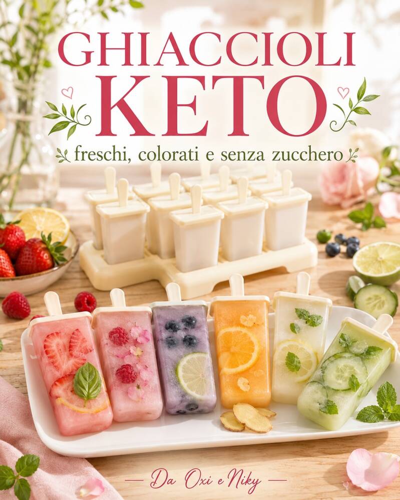 Sette ghiaccioli keto freschi e senza zucchero, preparati con frutta, agrumi ed erbe aromatiche. Una raccolta estiva semplice, colorata e rinfrescante per le giornate più calde.