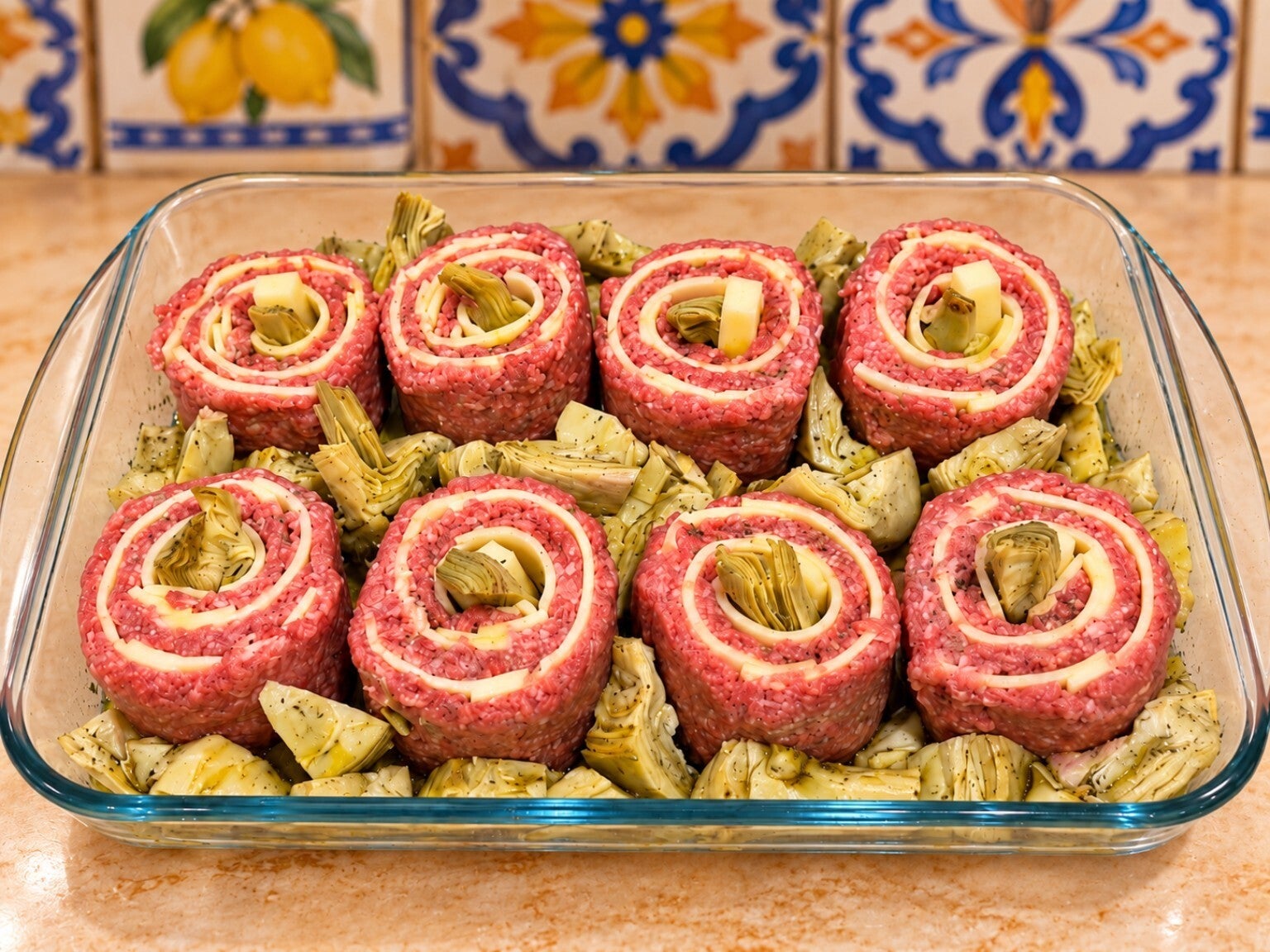 Procedimento passo passo per preparare le girelle di carne macinata con Edam, scamorza e carciofi al forno: dalla preparazione del macinato alla composizione della teglia.