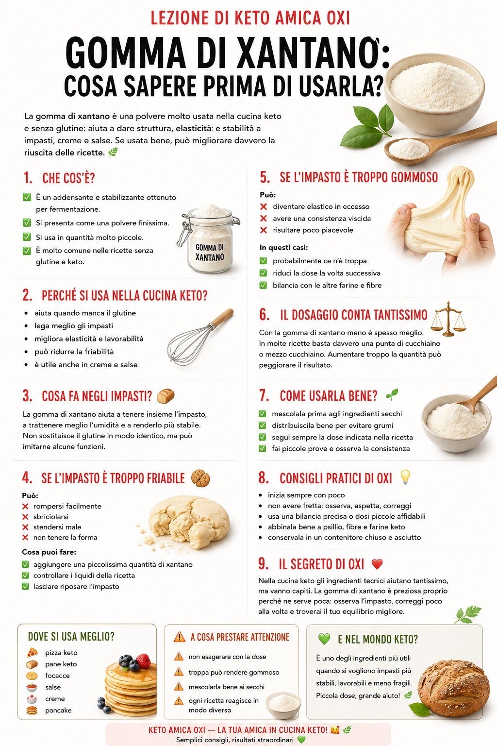 Scheda riassuntiva della lezione di Keto Amica sulla gomma di xantana, con spiegazioni semplici su cos’è, come si usa nelle ricette keto, perché va dosata con attenzione e quali errori evitare per ottenere impasti, creme e salse più stabili e piacevoli. C