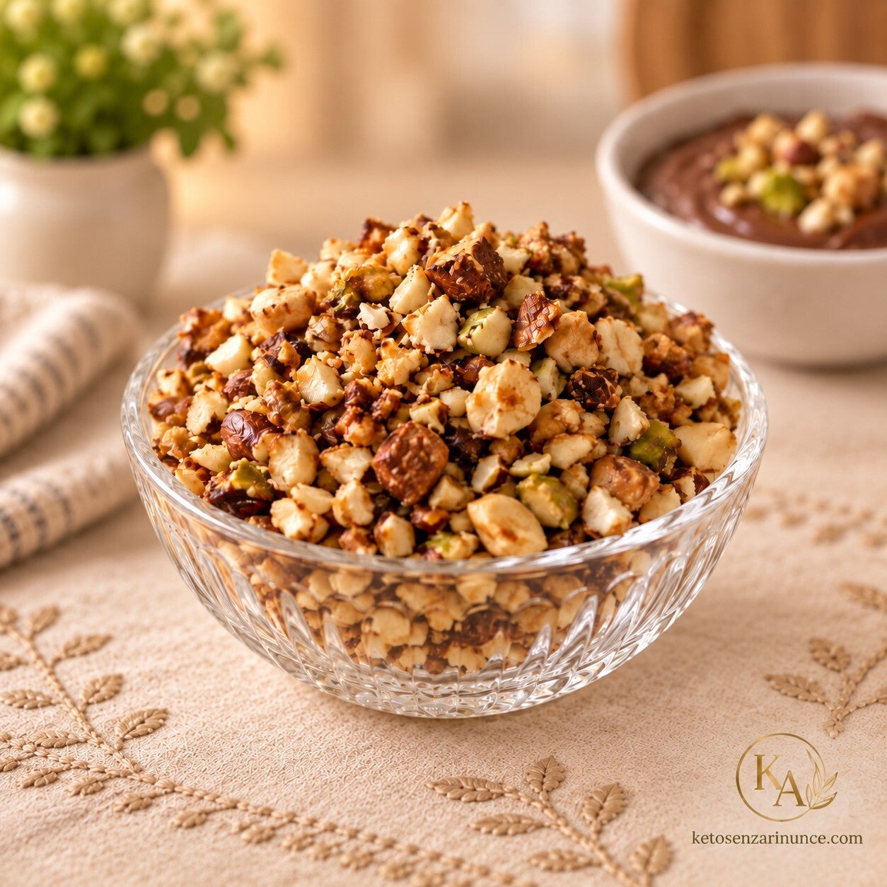 Granella croccante chetogenica alla frutta secca, perfetta per arricchire creme, dessert e dolci al cucchiaio con una nota croccante e golosa. Preparata con mandorle, nocciole, pistacchi e noci, è semplice, veloce e ideale da tenere pronta per completare 