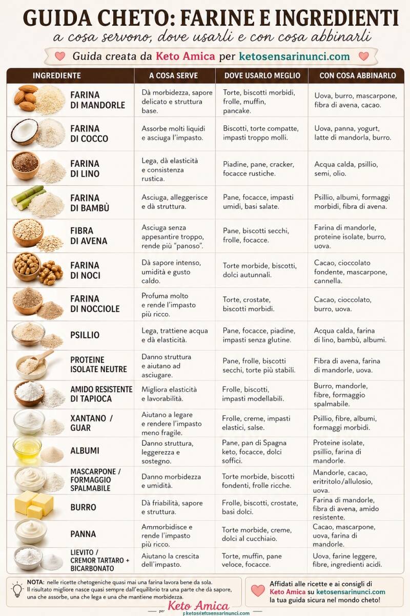 Tabella pratica creata da Keto Amica per ketosenzarinunce.com: farine e ingredienti chetogenici, a cosa servono, dove usarli meglio e con cosa abbinarli negli impasti keto.