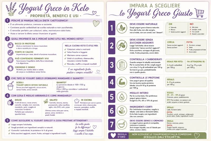 Guida pratica per scegliere lo yogurt greco giusto nella cucina keto: naturale, senza zuccheri aggiunti, con carboidrati controllati, buona quota proteica, ingredienti semplici e consistenza densa e cremosa.