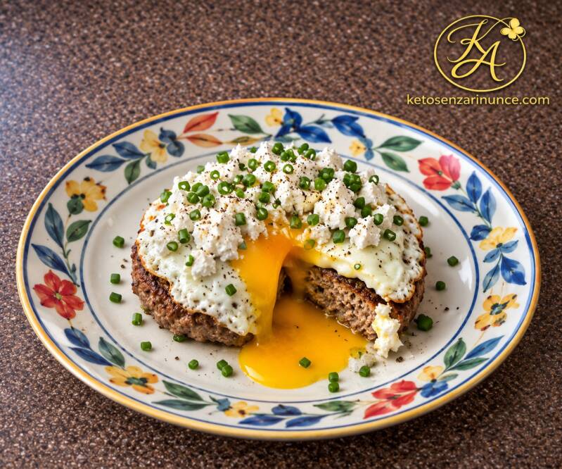 Hamburger alla Bismarck con caprino, una ricetta chetogenica semplice e saporita con hamburger di manzo, uovo dal tuorlo morbido, caprino ed erba cipollina. Un piatto completo e veloce, ideale per una cena keto.