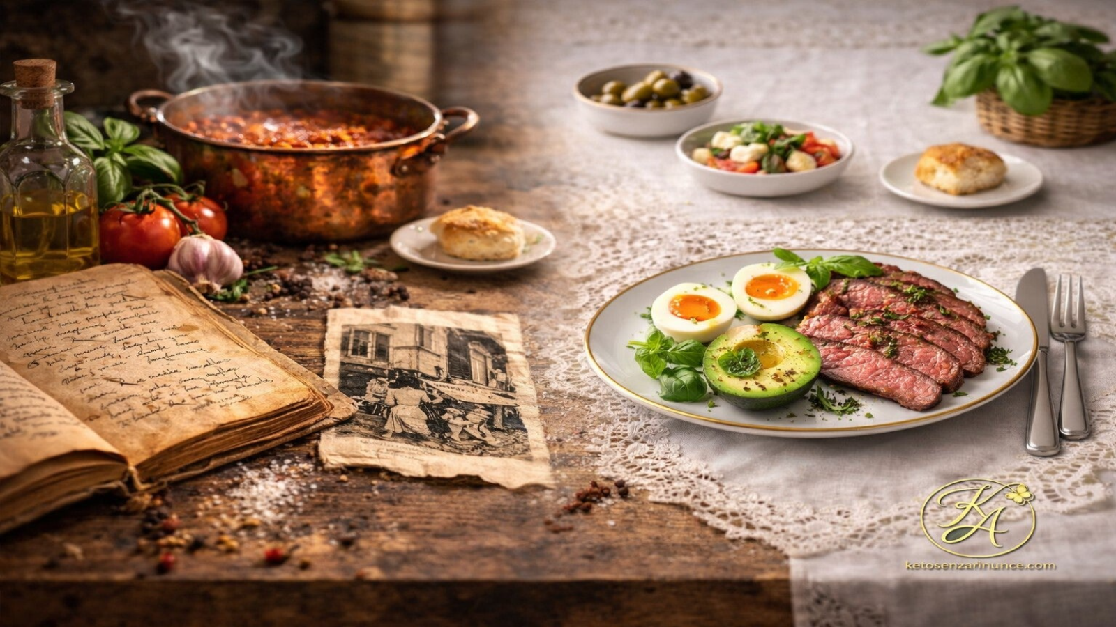 Cucina tra passato e presente con tavolo diviso tra tradizione italiana e piatto chetogenico moderno