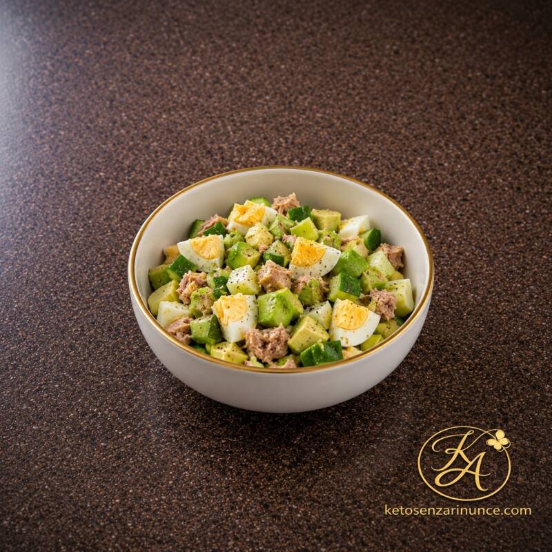 Insalata chetogenica con uova sode, tonno, avocado e cetriolo, servita in una ciotola bianca con bordo dorato su sfondo marrone elegante.