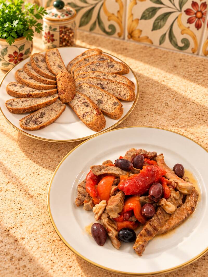 Insalata tiepida di vitello alla piastra tagliato a striscioline, servita con peperoni al forno, olive taggiasche e pane keto alle noci. Un piatto unico chetogenico completo, saporito e colorato, ideale sia per pranzo sia per cena