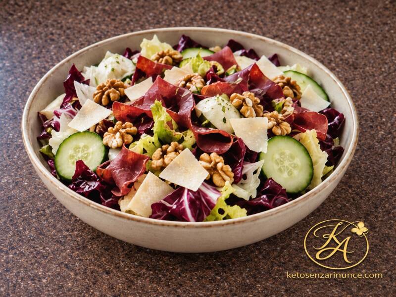 "Insalatona keto con bresaola, grana, cetriolo e noci, un piatto unico fresco, proteico e low carb, semplice e veloce da preparare."