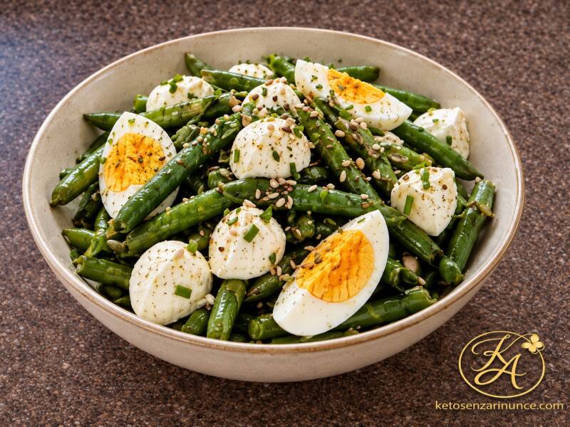 Insalatona keto con fagiolini, uova sode e mozzarella, fresca e saziante, completata da semi misti e condimento semplice all’olio extravergine e limone. Un piatto unico low carb pratico, nutriente e perfetto per un pranzo leggero ma completo.