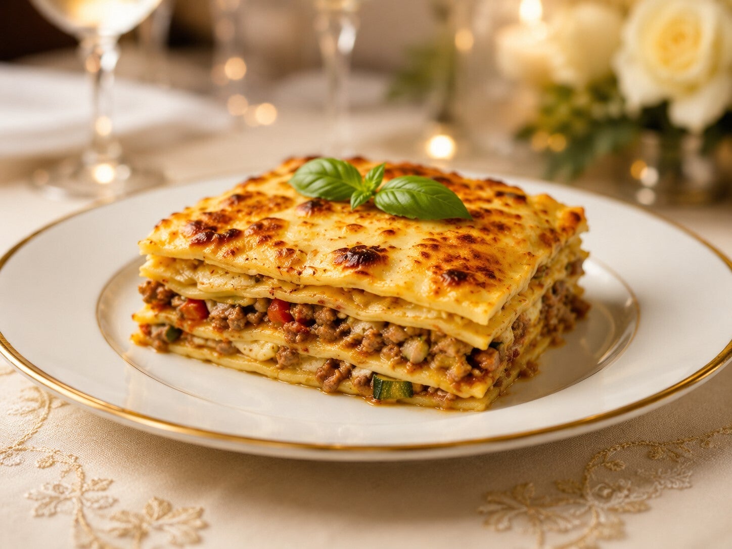 Porzione di lasagna chetogenica con sfoglie alla farina di mandorle, ragù di carne e verdure, gratinata e servita su un elegante piatto da ristorante.